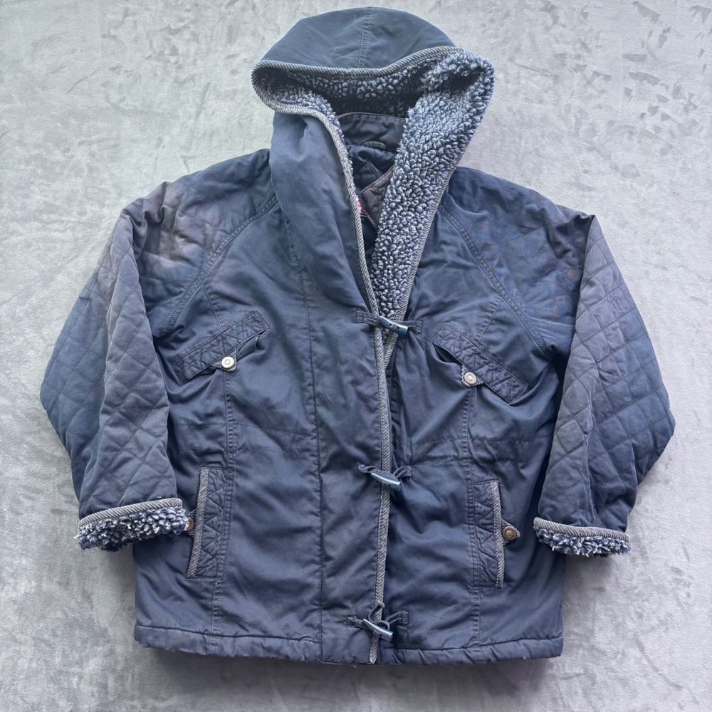 Vtg Andy Johns Vintage Quilted Toggle Coat Sherpa Lined Hood Navy Blue Mens M